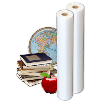 two rolls of roll film, globe, apple, and stack of books