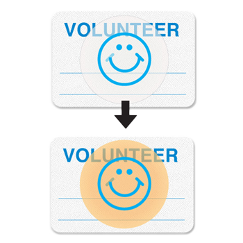 two blue and white visitor passes with smiley faces