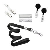 2 clear badge clips, 2 black badge reels, 2 magnetic clips, and one black flat lanyard
