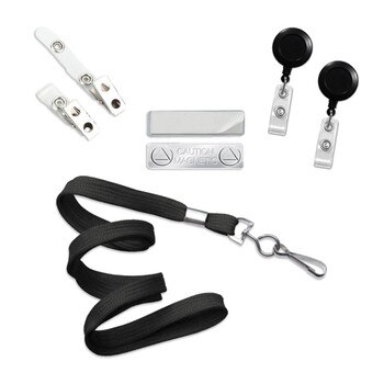 2 clear badge clips, 2 black badge reels, 2 magnetic clips, and one black flat lanyard