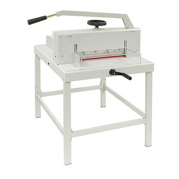 Tan 16M Guillotine Cutter on a stand and protective cover