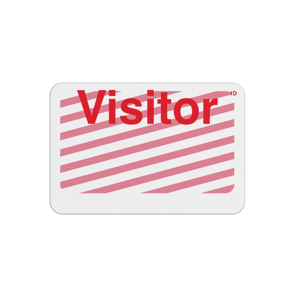 Pink and white with red visitor badge