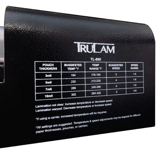 TL-600 pouch laminator spec table on back of machine