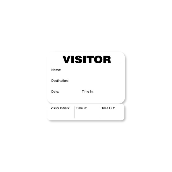 Black and white visitor badge with bottom tab