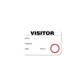 Black and white visitor badge with red circle