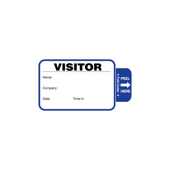 Blue and white visitor badge with peel here tab