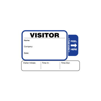 Blue and white visitor badge with peel here tab